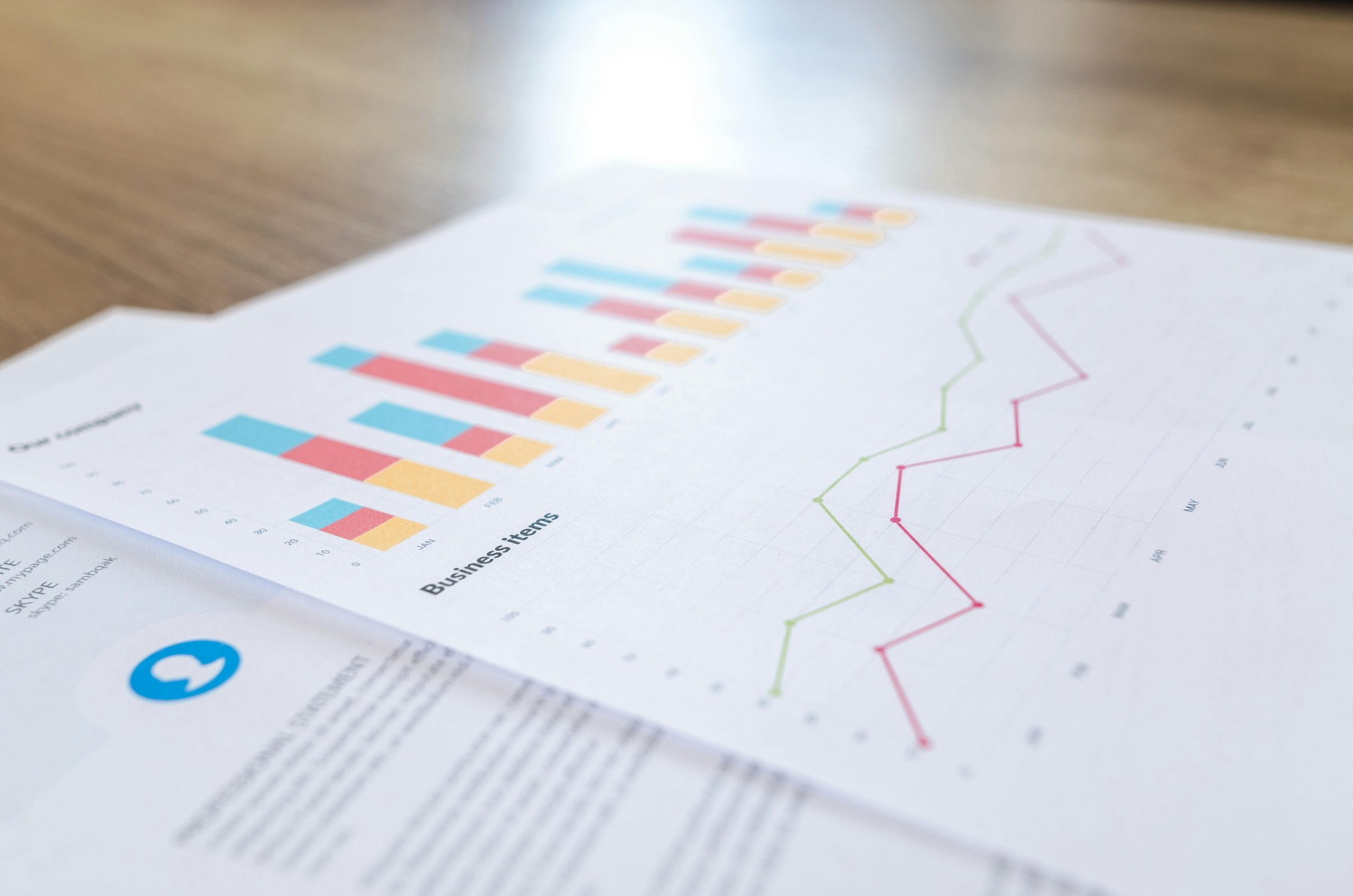 Multicoloured graph and bar chart printed out on paper.